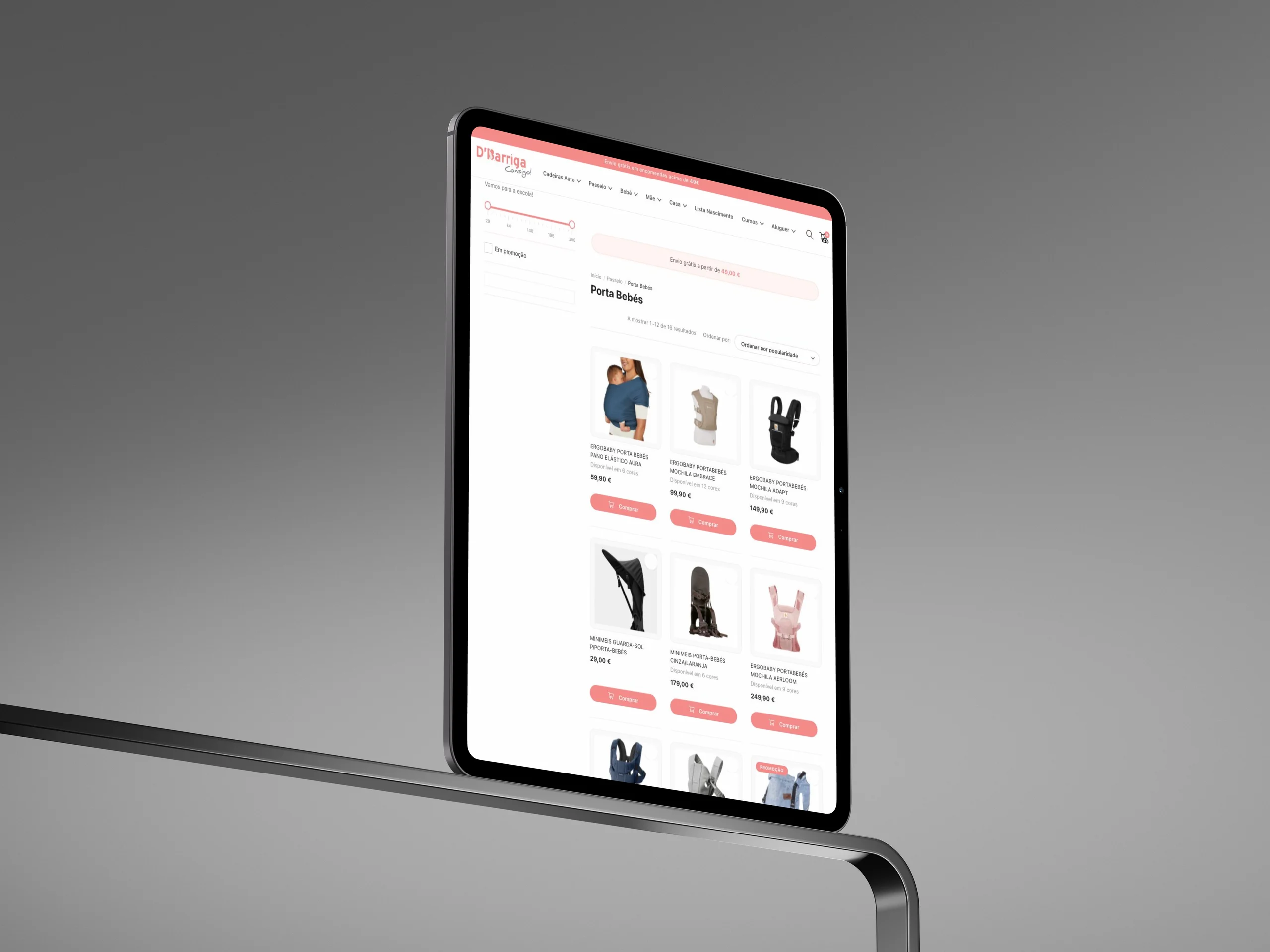 A página de categoria "Porta Bebés" em tablet, com filtros de preço e uma grelha de produtos.